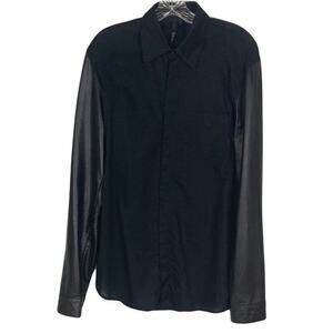 NWOT SKINGRAFT Shirt Men L Black Leather-Long-Sleeve Cotton-Body Hidden-ButtonUp